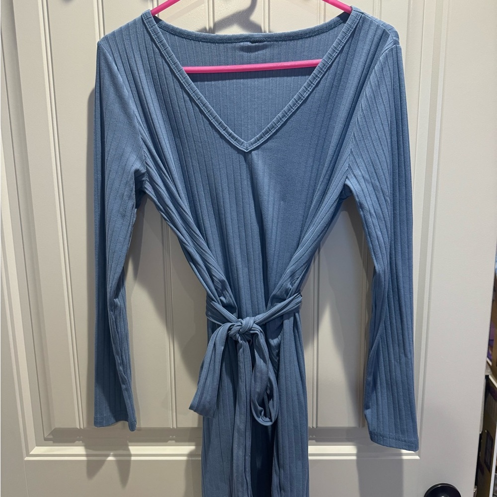 Maternity Blue Ribbed Long Sleeve Body-con Dress